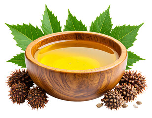 Castor Oil in Wooden Bowl with Leaves and Spiky Castor Beans Isolated on White Background