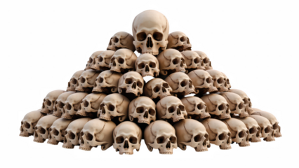 Pyramid of skulls arranged in structured formation, showcasing intricate details and textures. scene evokes sense of mystery and intrigue