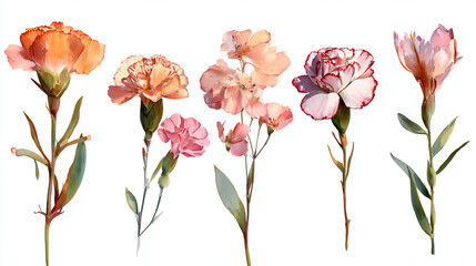 Fototapeta premium Watercolor painting of five carnation flowers in various shades of pink and orange