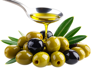 Extra Virgin Olive Oil Drizzling from Spoon onto Green and Black Olives with Leaves, Isolated on white background