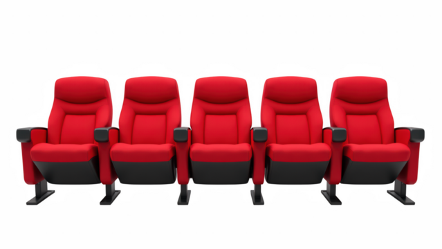Comfortable red theater seats arranged in row, designed for immersive viewing experience. Ideal for cinemas or home theaters