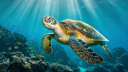 Obraz premium A green sea turtle swims gracefully through clear blue ocean water with sunlight rays filtering down onto a coral reef and small fish