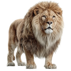Obraz premium Majestic male lion standing proud isolated on white and transparent background