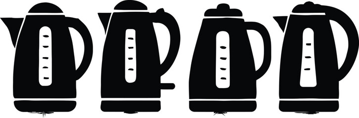 Obraz premium Black electric kettle silhouette vector illustration set for kitchen appliance and hot water preparation