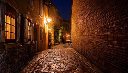 dark alleyway at night cobblestone street old european town illuminated by lamps