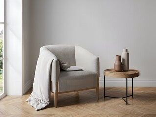 Modern Interior Setting with white Chair and Wooden Table Decor