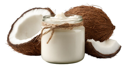 Coconut Oil in Jar with Coconuts Natural Twine Creamy Texture.