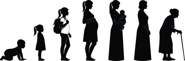 Silhouette of female life stages, growth and aging concept, woman from infancy to old age, vector evolution, generational journey illustration