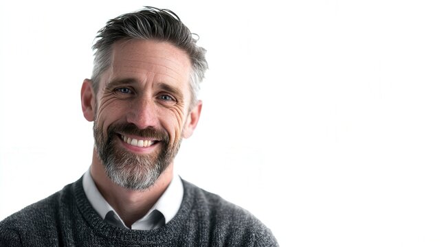 Smiling Middle-Aged Man with Beard in Casual Sweater Against White Background