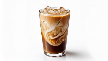 a glass of iced coffee with milk swirls and condensation isolated on plain white background for cafe branding