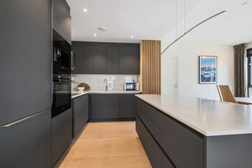 Modern luxury kitchen interior in minimal scandinavian style, 3d render