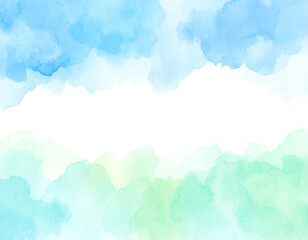 Fototapeta premium Soft watercolor painting of delicate leaves in pastel shades of blue, purple, pink, yellow, and green. Gentle color blending creates a dreamy, flowing composition. The golden outlines add elegance