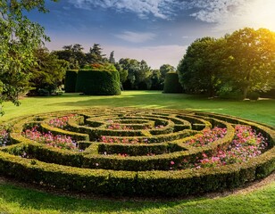 circular hedge maze surrounded by colorful flowers in a lush park