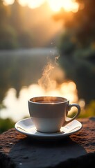 Fototapeta premium Generative AI Aromatic Coffee Cup Beside Tranquil Lake at Sunrise Serene Escape