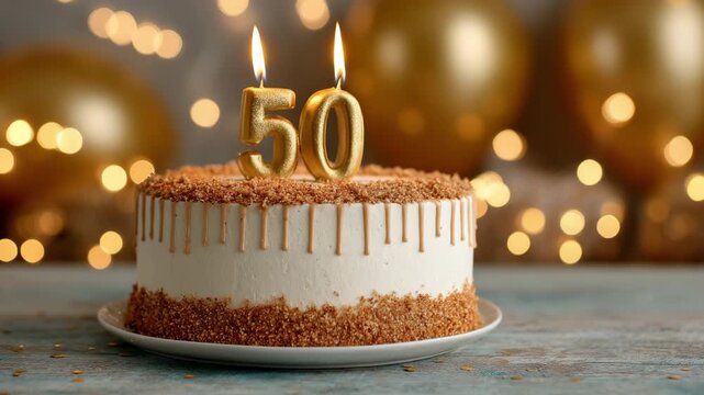 Beautiful birthday 50 fifty celebration cake adorned with golden candles for memorable milestone event