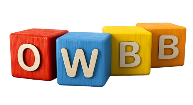 Colorful Wooden Blocks Spelling OWBB with Textured Surfaces and Cream Letters.