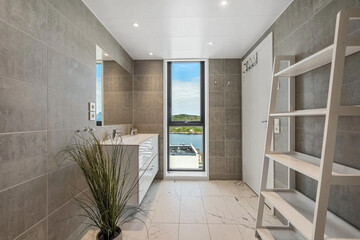 Modern bathroom interior in minimal scandinavian style, 3d render