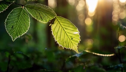 dew kissed leaf in a sunlit forest