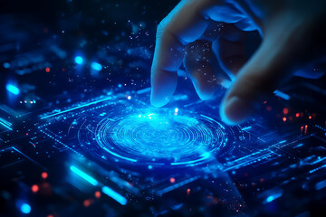 Human finger interacting with futuristic glowing blue technology interface
