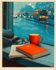 A cozy scene by a window with a hot drink and a book on a cold, snowy evening. Blurry city lights create an atmospheric and peaceful mood.