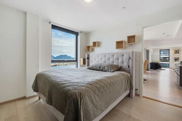 Modern luxury bedroom interior in minimal scandinavian style, 3d render