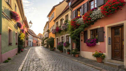 Fototapeta premium Charming european street lined with colorful buildings and flower boxes
