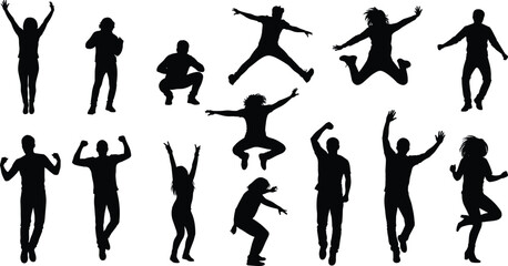 Silhouettes of people dancing and jumping, joyful celebration scene, energetic movement illustration, black background, dynamic action vector, happiness concept design