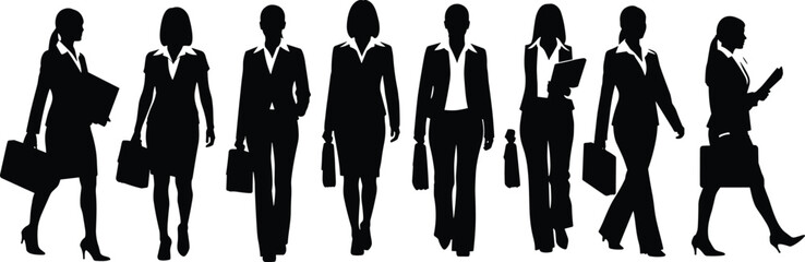 Silhouettes of professional businesswomen walking, holding briefcases, career attire, corporate women leaders, diversity, formal clothing, confident poses, workplace scene