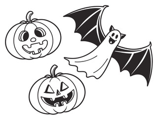 Halloween outline illustration with pumpkins and a ghost bat for coloring and design use