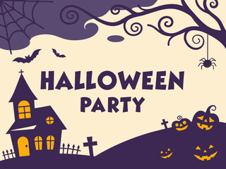 Cartoon Halloween Party Invitation Design with Spooky House Bats Pumpkins Spider and Tree
