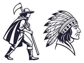 Native American Chief and Pilgrim with Scythe Silhouette Vector Graphic Illustration Isolated