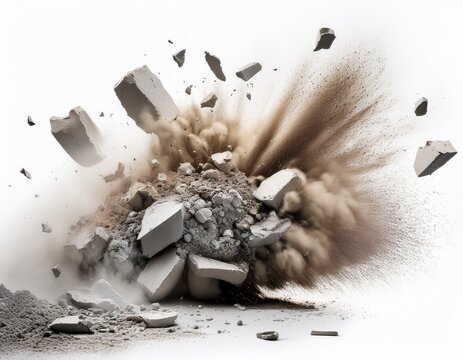 exploding concrete debris with dust cloud on white background concept of demolition destruction and construction accident