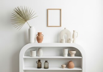 A stylish white shelf unit filled with decorative vases, a palm leaf, and a blank picture frame against a white wall