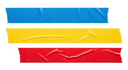Three vibrant blue, yellow, and red duct tape strips, each horizontal with distinct textures, creases, and rough torn edges, isolated on a transparent background with ample copy space, top-down