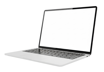 A sleek silver laptop with a black keyboard and a blank white screen, presented at a 3/4 view on a transparent background with ample copy space and no shadows, concept of professional technology