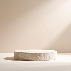 Warm Beige Background with Linen Texture and Matte Stone Platform Soft White Diffused Light Minimal Scene