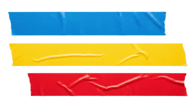 Three vibrant blue, yellow, and red duct tape strips, each horizontal with distinct textures, creases, and rough torn edges, isolated on a transparent background with ample copy space, top-down