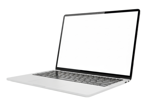 A sleek silver laptop with a black keyboard and a blank white screen, presented at a 3/4 view on a transparent background with ample copy space and no shadows, concept of professional technology