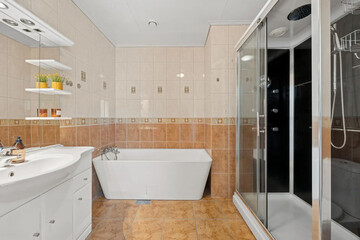 Modern bathroom interior in minimal scandinavian style, 3d render