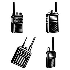 Four walkie talkies in black and white with antennas and speaker grilles in a vector illustration