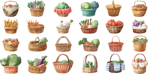 Charming pixel art collection of basket with fresh vegetable and food
