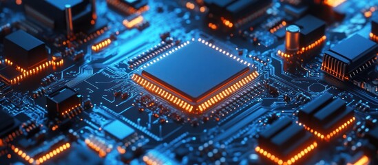 Fototapeta premium Modern high-tech motherboard radiating data processing with digital components