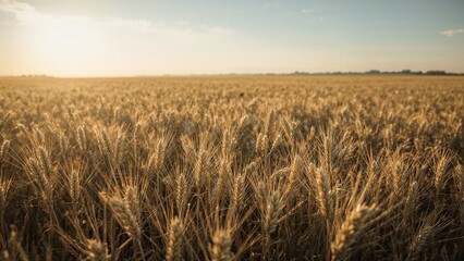Obraz premium A vast wheat field stretches to the horizon under a bright sky with a gentle golden light shining down