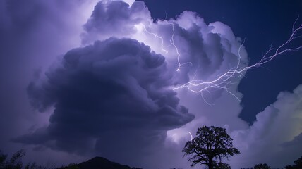 Dramatic lightning strikes illuminate dark stormy clouds over silhouetted landscape thunder night