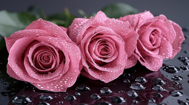 Pink roses with dew drops on a dark background