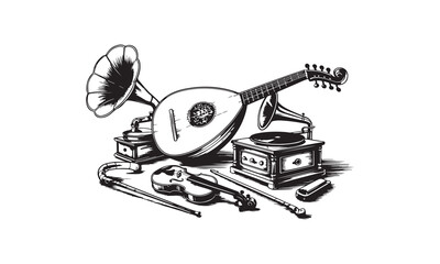 Vintage Engraving Style Illustration of Classical Musical Instruments and Gramophones set