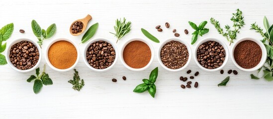 Aromatic symphony: Top view of coffee beans, grounds, and herbs on white wooden table