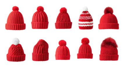 Set of cozy red and white knitted winter hats in various styles isolated on white background