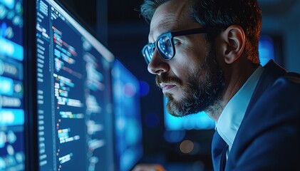 A middle-aged man with short brown hair and glasses sits at a desk, focused on his laptop, surrounded by books and a warm, inviting workspace.