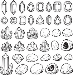 Collection of Various Crystals and Rocks Hand Drawn for Geological Studies or Artistic Purposes Depicted as Black and White Graphics